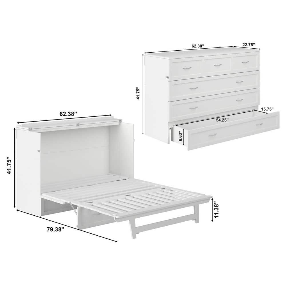 White Queen Murphy Bed Chest with Upholstered Wood Frame and Drawer