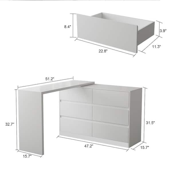 FUFU&GAGA 6-Drawer L-Shaped Dresser with Rotatable Desk 47.2 in. W 