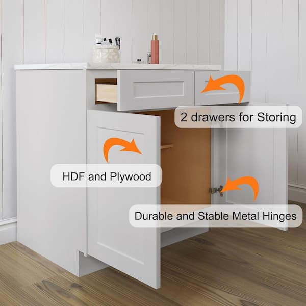 HOMEIBRO Newport Light Shaker Dove Plywood Ready to Assemble 2-Door 2-Drawer Base Kitchen Cabinet (36 in. x 34.5 in. x 24 in.）