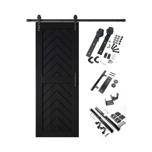 JT1 26 in. x 80 in. C-Panel Black Fishbone Design Solid Pine Wood Sliding Barn Door with Hardware Kit