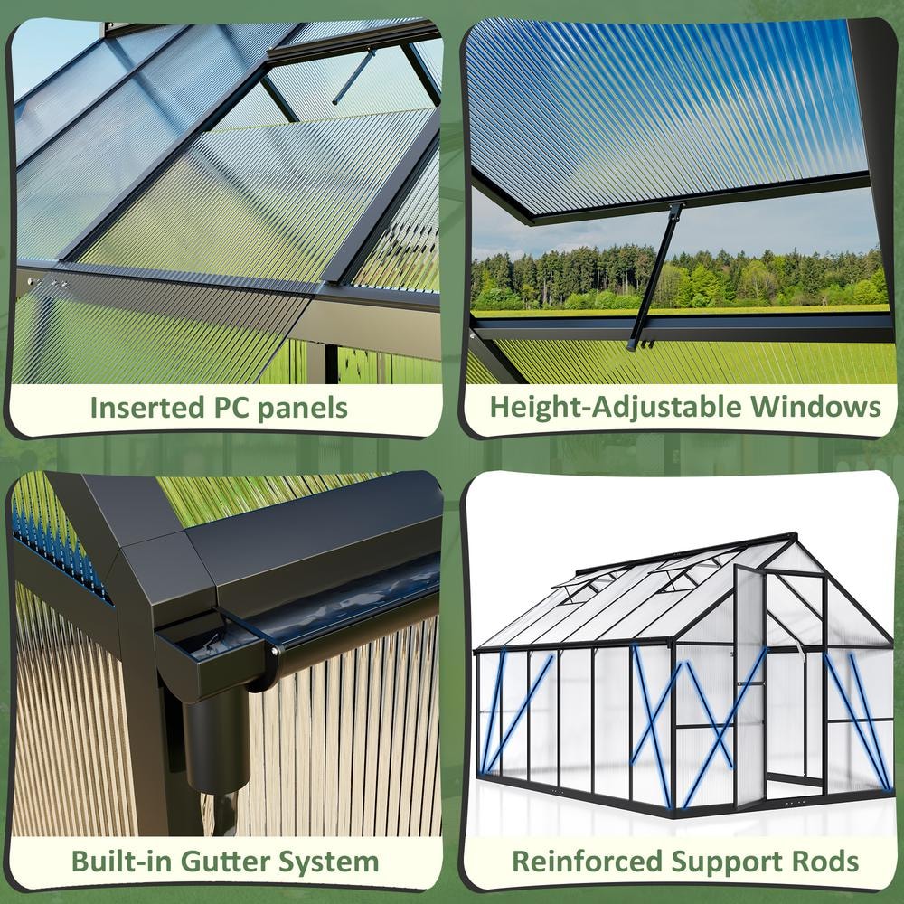 Black Aluminum Polycarbonate Walk-In Greenhouse 8x12 FT