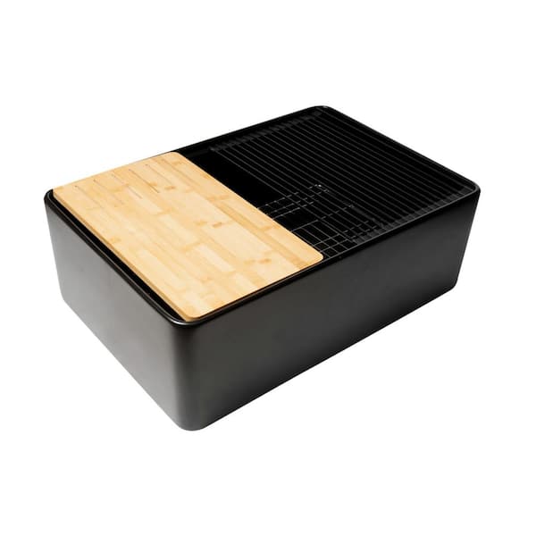 Step-Rim Black Matte Fireclay 30 in. Single Bowl Farmhouse Apron Front Workstation Kitchen Sink with Accessories