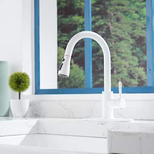 Modern 3-Spray Patterns 1.8 GPM Single Handle Pull Down Sprayer Kitchen Faucet with 10 in . L Deck Plate in Matte White