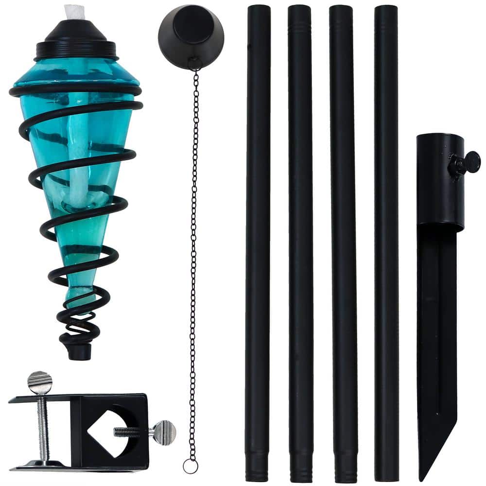 Blue Glass and Metal Swirl Adjustable Height Outdoor Torch Set