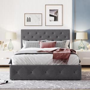 58 in. W Full Size Gray Linen Upholstered Platform Bed with Gas Lift Up Storage System, Wood Platform Bed Frame