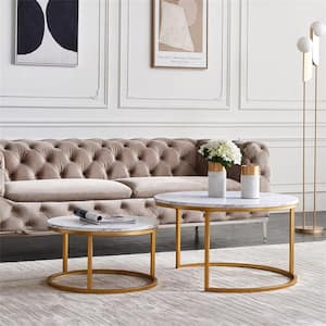 31.5 in. Marble Color Top Round Modern Nesting MDF Coffee Table with Golden Metal Frame with 2-Pieces