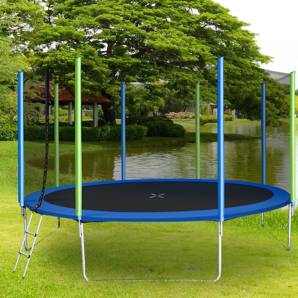 Green Blue 12 ft. Trampoline with Safety Enclosure Ladder and 8 Wind Stakes WYB32-14 - The Home Depot