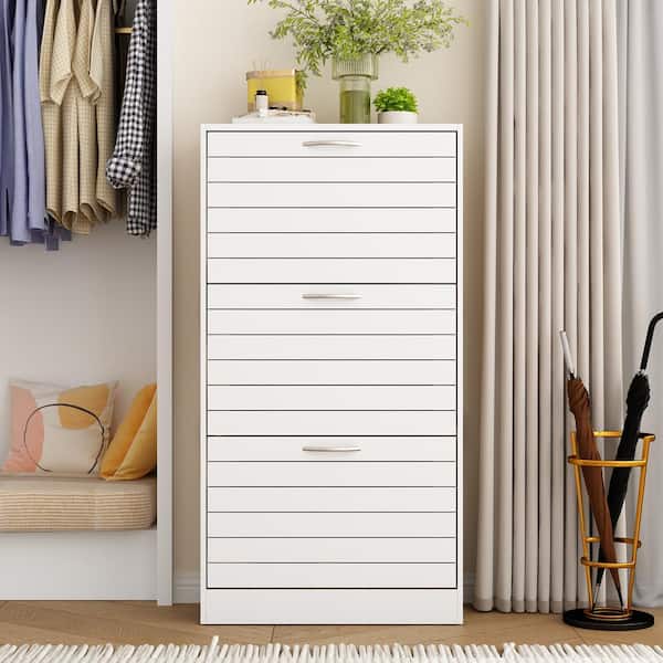 FUFU&GAGA 42.3 in. H x 22.4 in. W White Wooden Shoe Storage Cabinet with Silver Handles and 3-Drawers, for 18 Pairs