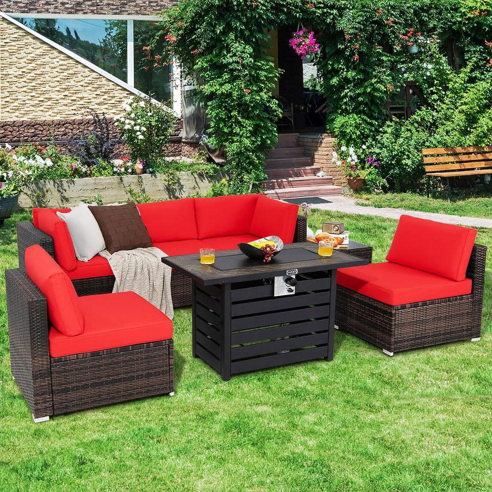 7-Pieces Patio Rattan Furniture Set 42 in. Fire Pit Table with Cover Cushioned Red price history on PriceWatchPro