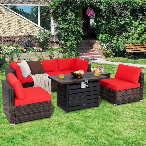 Gymax 7-Pieces Patio Rattan Furniture Set 42 in. Fire Pit Table with Cover Cushioned Red
