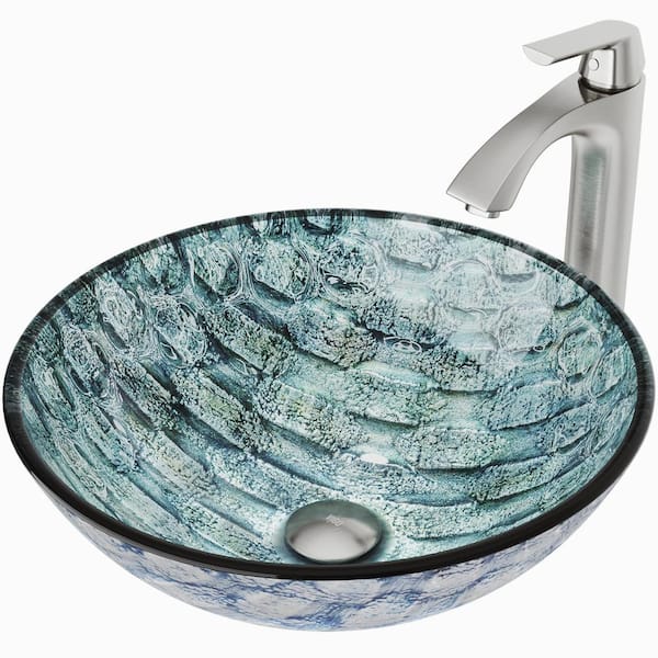 VIGO Glass Round Vessel Bathroom Sink in Oceania Blue with Linus Faucet and Pop-Up Drain in Brushed Nickel