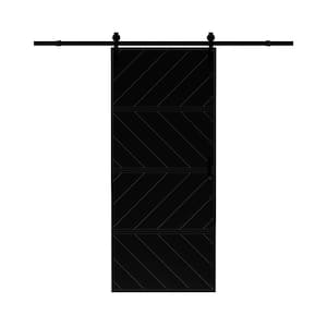 30 in. x 84 in. Paneled 4-Segments Wave Design Black MDF Sliding Barn Door Slab with Installation Hardware Kit