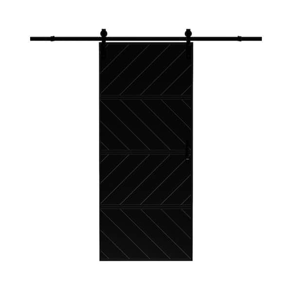 ARK DESIGN 30 in. x 84 in. Paneled 4-Segments Wave Design Black MDF Sliding Barn Door Slab with Installation Hardware Kit
