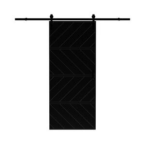 36 in. x 84 in. Paneled 4-Segments Wave Design Black MDF Sliding Barn Door Slab with Installation Hardware Kit
