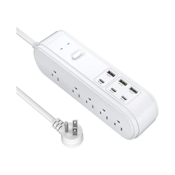 Lukyamzn 6 ft. Flat Plug Extension Cord Power Strip 10-Outlets Surge Protector in White with 3 USB and 3 Type C Ports