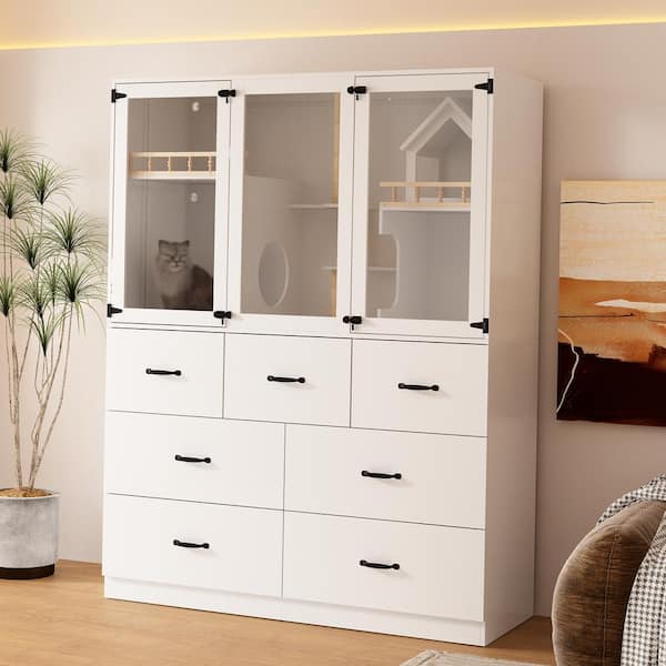 FUFU&GAGA 2-In-1 Storage Cabinet and Cat Litter Box Enclosure Cat Bed with Scratching Pad, Large Cat House with 7-Drawers, White