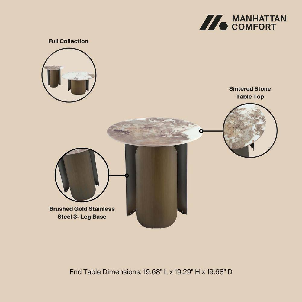 Monica Round Sintered Stone and Gold Metal End Table