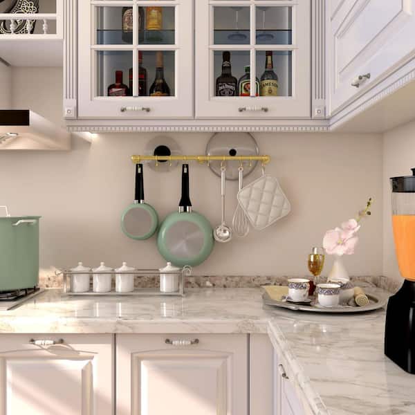 Wall Mounted Brass Hanging Pots and Pans Rack with Hooks, Stainless Steel Utensil Hanging Rack, Space-Saving