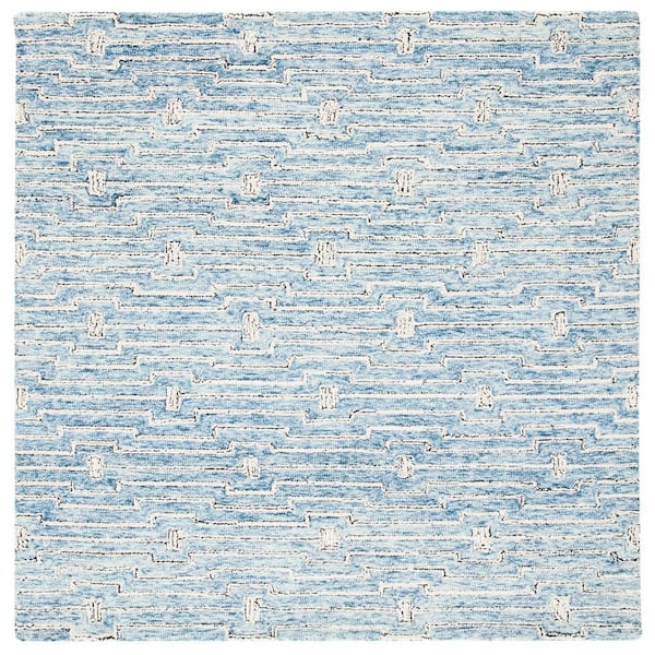SAFAVIEH Micro-Loop Light Blue/Ivory 5 ft. x 5 ft. Striped Square Area Rug