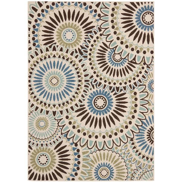 Veranda Cream/Blue 4 ft. x 6 ft. Floral Indoor/Outdoor Patio  Area Rug