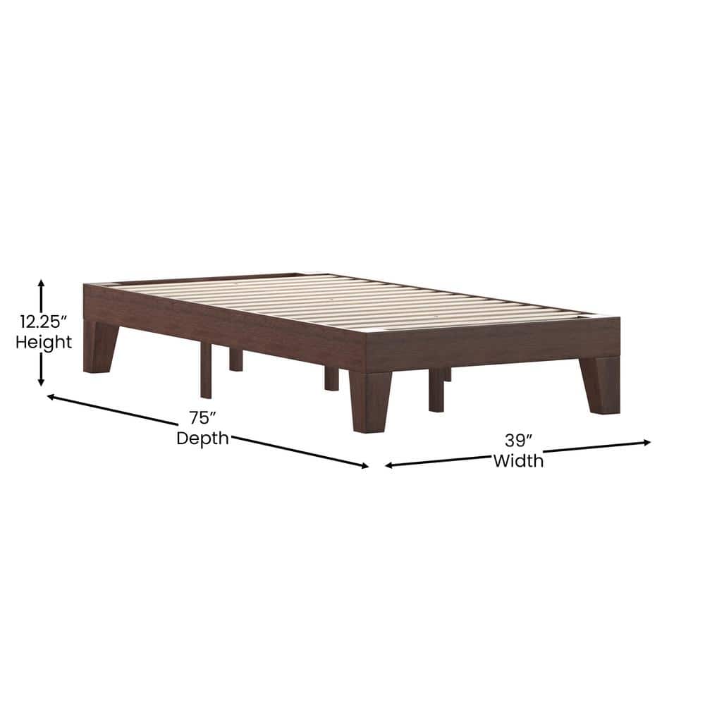 Walnut Twin Wood Platform Bed with Headboard and Drawer