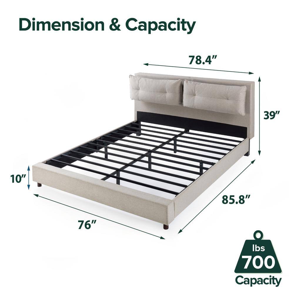 Beige King Metal Frame Platform Bed with Reclining Upholstered Headboard and USB Ports
