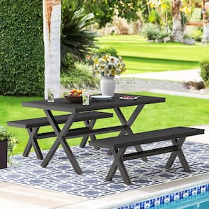 X Base 3-piece Rectangular Aluminum Plastic Wood Outdoor Patio Dining Table Set-Black