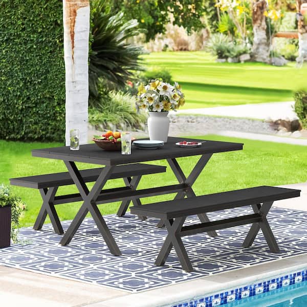 LUE BONA X Base 3-piece Rectangular Aluminum Plastic Wood Outdoor Patio Dining Table Set-Black