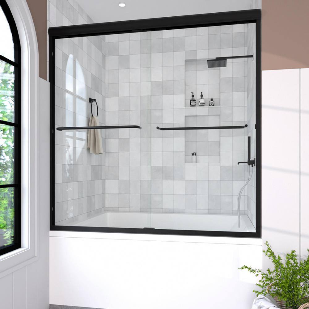 Nepti Matte Black Semi-Frameless Sliding Shower Door with Clear Glass
