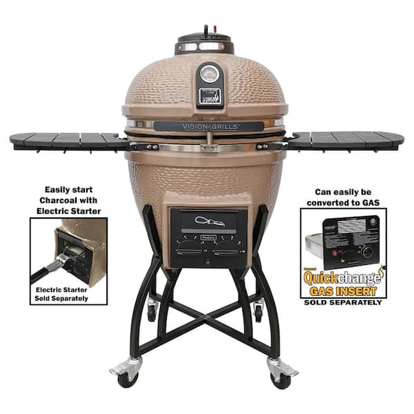 Vision Grills 22 in. Kamado S-Series Ceramic Charcoal Grill in Taupe with Cover, Cart, Side Shelves, Two Cooking Grates and Ash Drawer