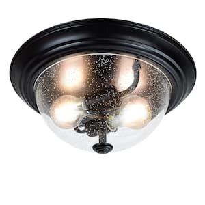 13 in. 2-Light Farmhouse Black Ceiling Light Fixture with Seeded Glass Shade Flush Mount