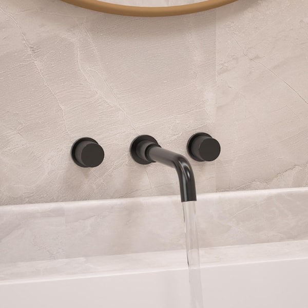 Wall Mount Bathroom Faucet with 2 Handles, Pop-Up Drain, 360° Swivel Spout in Matte Black