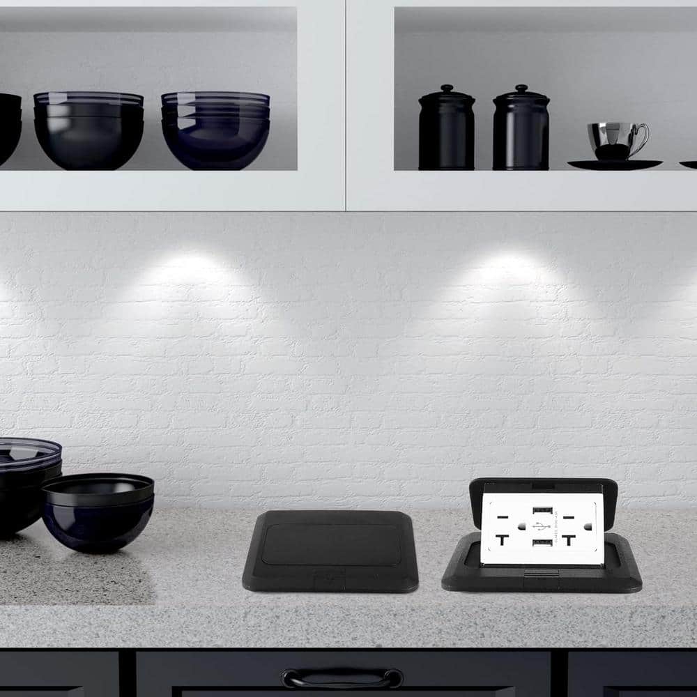 Black Pop-Up Floor Outlet Kit with USB Ports and Wall Plate