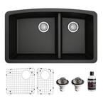 QU-711 Quartz/Granite 32 in. Double Bowl 60/40 Undermount Kitchen Sink in Black with Bottom Grid and Strainer