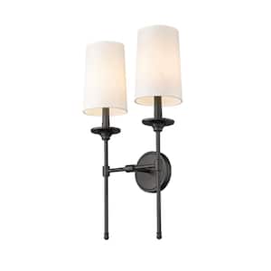 Emily 13.75 in. 2-Light Wall Sconce Matte Black with Off White Cloth Cover