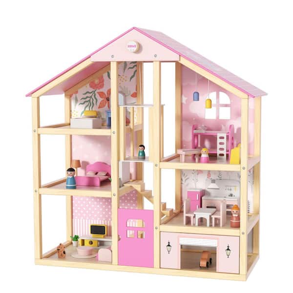 Modern Dollhouse Series Bounce House Dollhouse with Elevator, 5 Rooms, Garage, 4 Dolls and 39PC Furniture Set