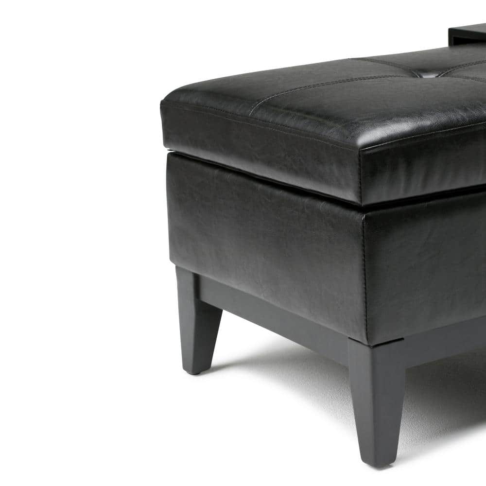 Midnight Black Tufted Faux Leather Cocktail Ottoman with Tray & Storage