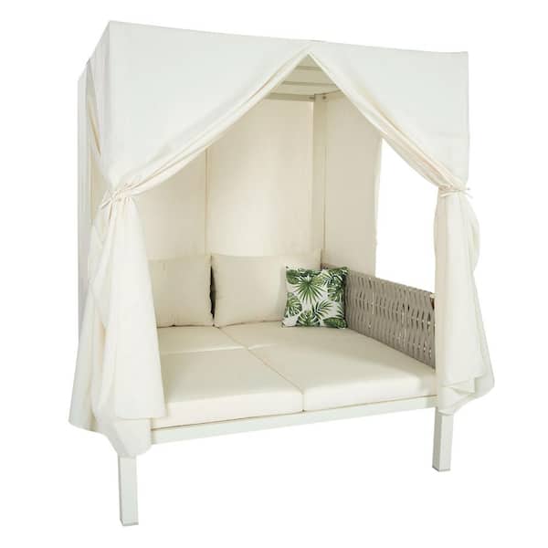 Sudzendf 1-Piece Metal Outdoor Day Bed, Woven Rope Sunbed with Curtains, High Comfort, with Beige Cushions