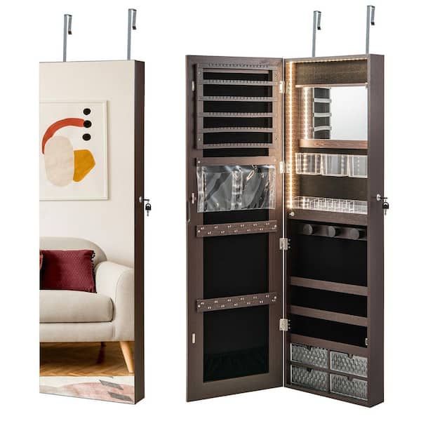 ANGELES HOME Brown Wood Wall Mounted Jewelry Cabinet with 3-Color Lights