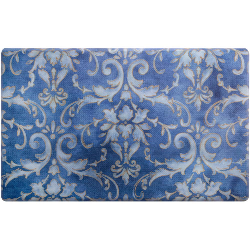 Blue and Gold Watercolor Damask Anti-Fatigue Kitchen Mat, 20" x 36"