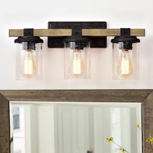 3-Light 22 in. Woodgrain and Rustic Black Vanity Light with Clear Seeded Glass