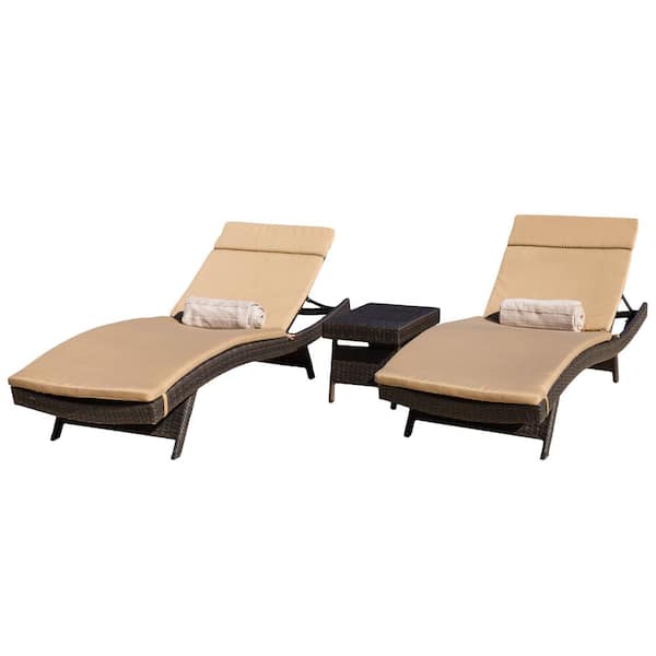 Noble House Salem Multi-Brown 4-Piece Faux Rattan Outdoor Chaise Lounge with Caramel Cushions