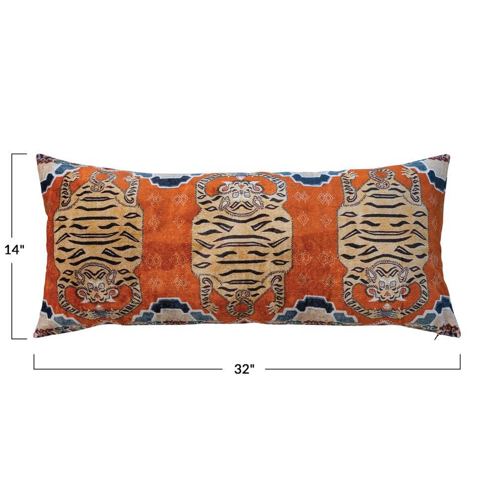 Tibetan Tiger Orange Cotton Velvet Lumbar Pillow