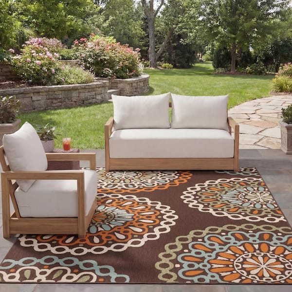 Veranda Chocolate/Terracotta 8 ft. x 11 ft. Floral Indoor/Outdoor Patio  Area Rug