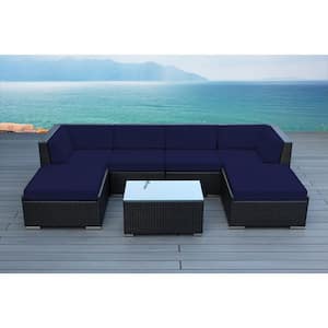 Ohana Black 7-Piece Wicker Patio Seating Set with Sunbrella Navy Cushions