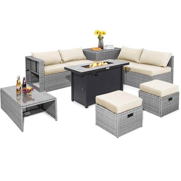 HONEY JOY 9-Pieces Wicker Patio Conversation Set Outdoor Sectional Sofa Set with 60,000 BTU Fire Pit and Off White Cushions
