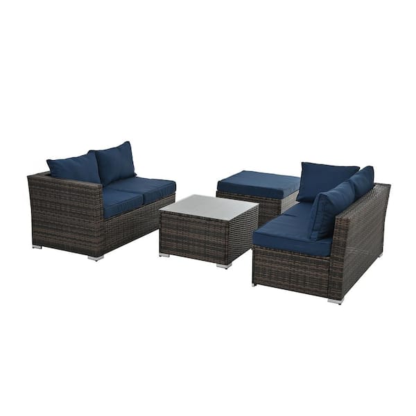 Tenleaf 4-Piece Brown Wicker Patio Conversation Set with Blue Cushions, Tempered Glass Coffee Table