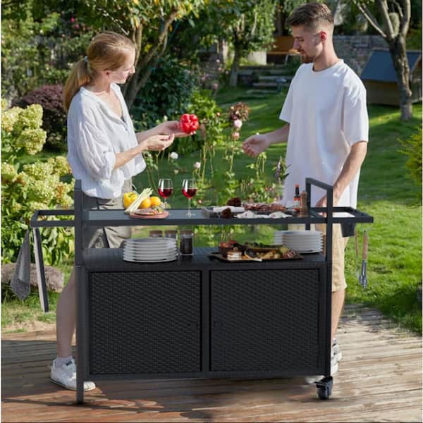 Unbranded Large Portable Outdoor Wicker Bar Table, Wheels and Black Glass Table Top for Patio Kitchen and Bar Cart