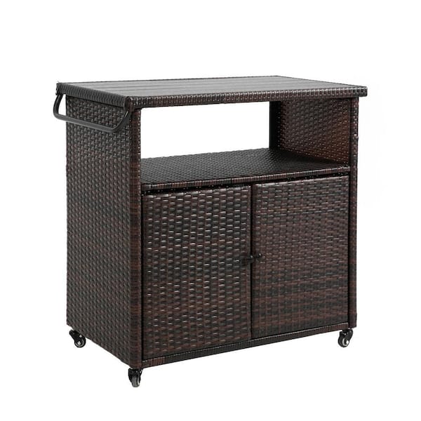 Outdoor Rolling Brown Wicker Ratten Patio Serving Bar Cart with Wood Top Table and Wheels