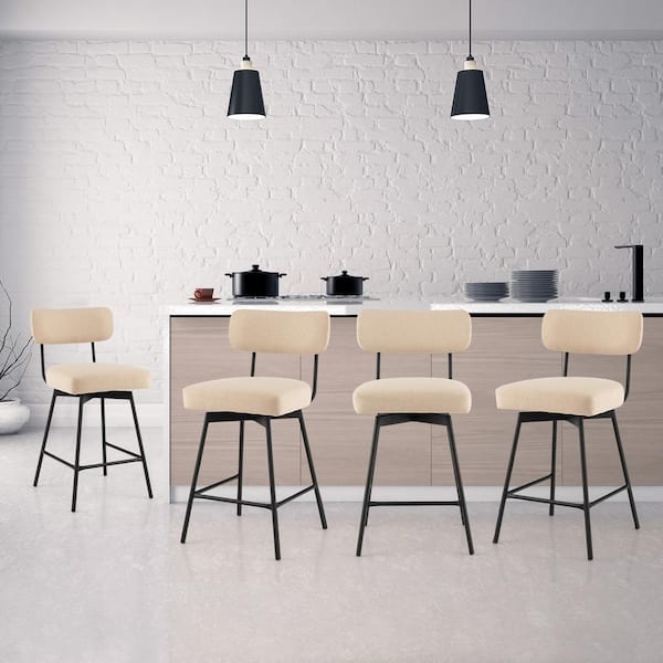 36 in. H Beige Low Back Metal Modern Upholstered Bar Stools with Back and Footrests Set of 2